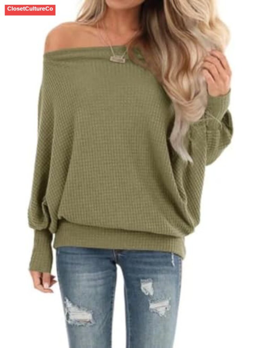 Off The Shoulder Waffle Knit Oversized Sweatshirt Batwing Long Sleeve Tunic